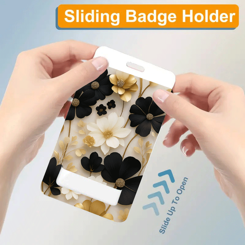 TEMU 2d Flat Black, Golden, And White Printed Pattern Printed Card Holder With Retractable Buckle Id Lanyard - Id And Credit Card Holder, Heavy-duty