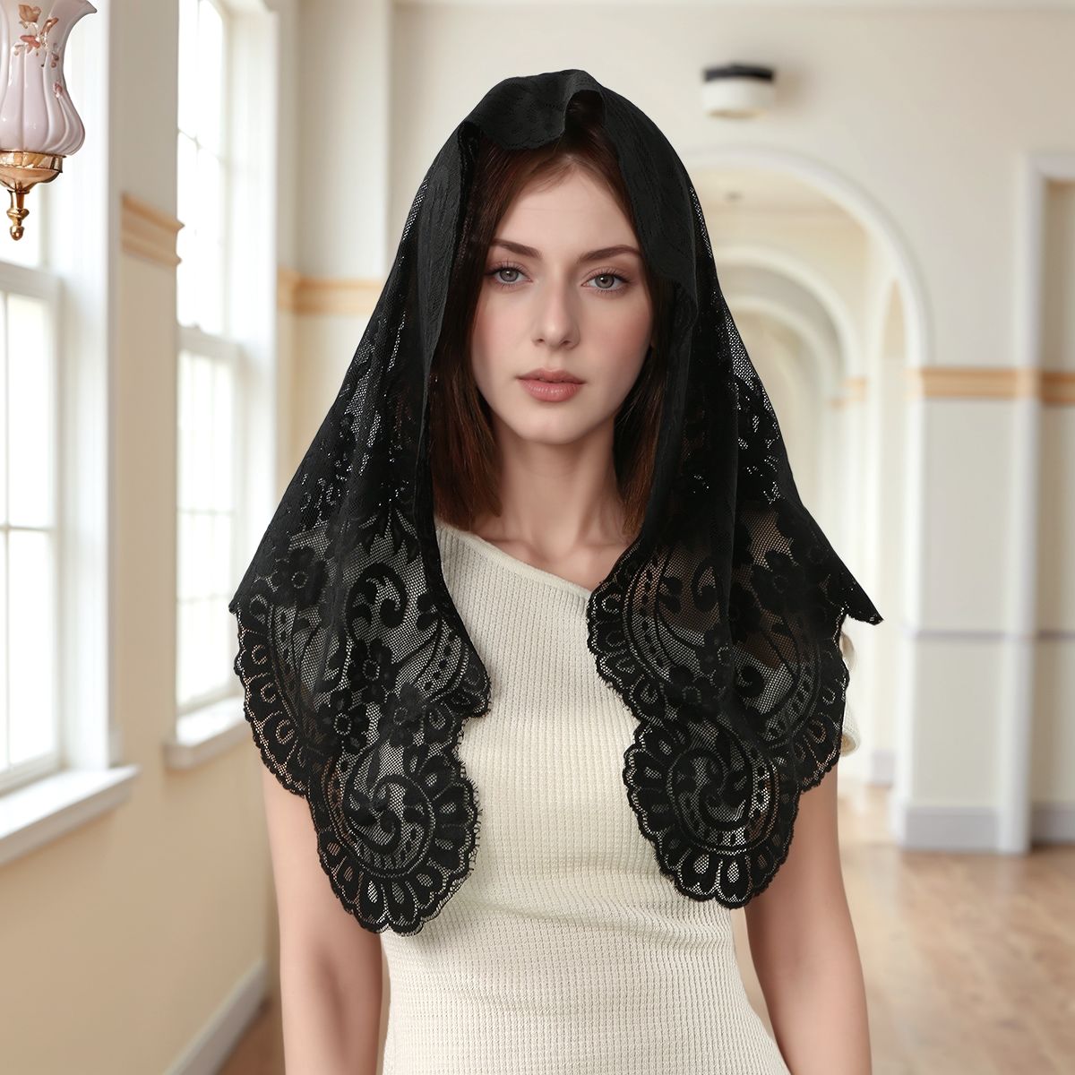 TEMU New Women's Elegant Vintage Lace Embroidered Triangular Scarf Daily Matching Quality Enhancement Shawl Outdoor Indoor Party Dining Wedding Beach