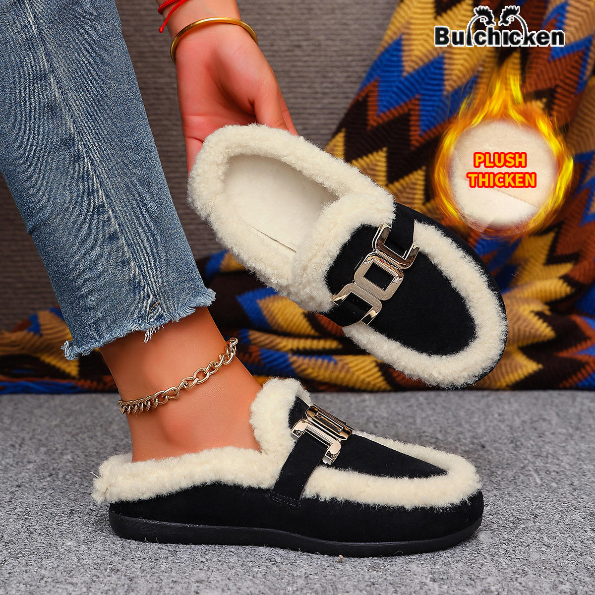 TEMU Buchicken Autumn/winter New Arrival Women's Mule Shoes With Plush Lining For Cold Weather, Elegant Vintage Bohemian Style, Fluffy, Soft, And