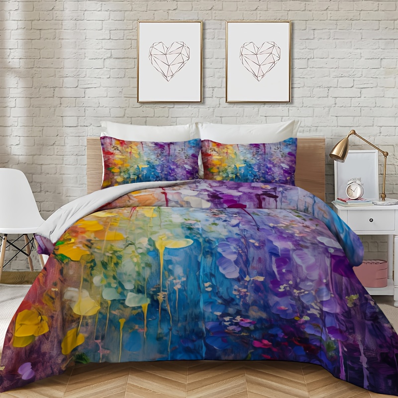 TEMU 3pcs Duvet Cover Set. 1 Duvet Cover And 2 Pillowcases. Rainbow Floral Duvet Cover Set Pattern Print. Digital Printing. Full, Queen, King, And