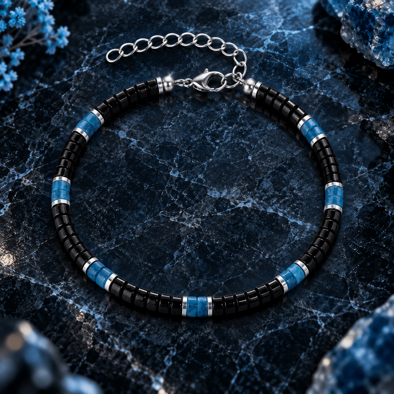 Unisex Blue Agate Beaded Bracelet with Silvery Spacers