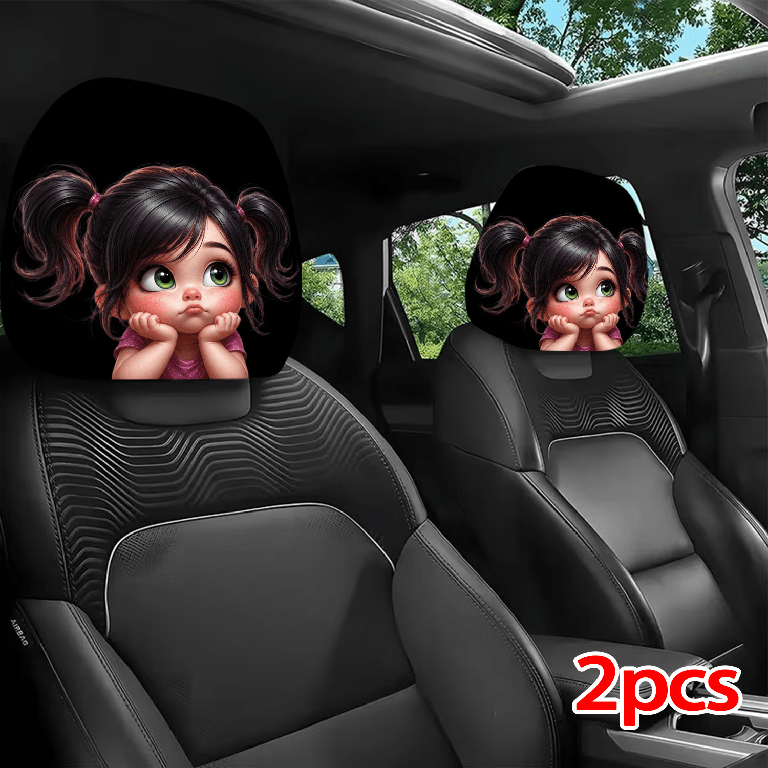 TEMU 2pcs Printed Pattern Car Headrest Covers, Cute Cartoon Girl With Pigtails Interior Decoration, Universal Fit Installation, For Interior