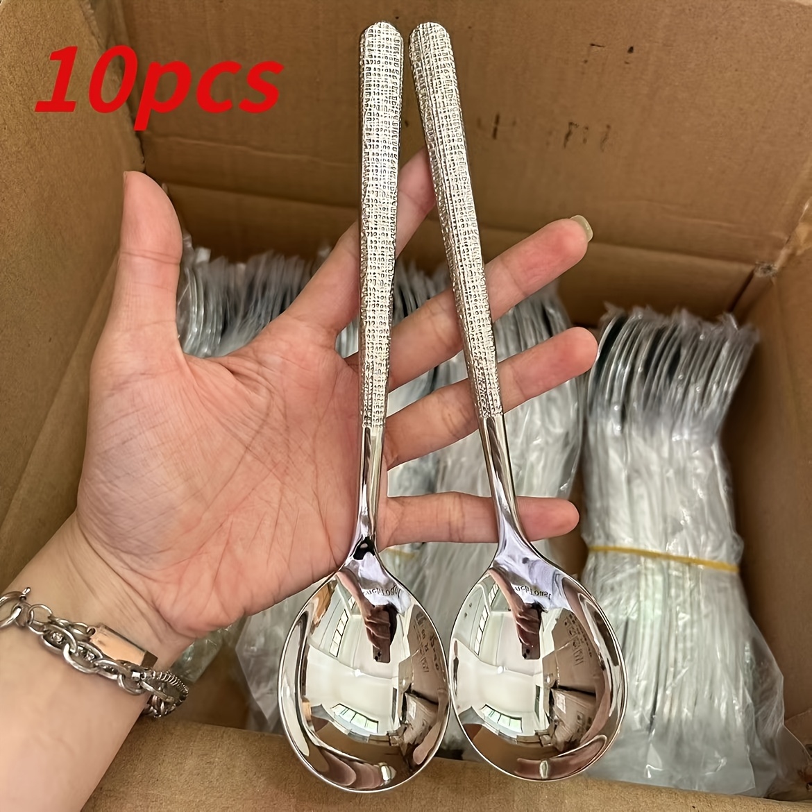 TEMU 10pcs Stainless Steel Texture Soup Spoon Set, Simple And Stylish - Suitable For Main Courses, Soups, And Entrees, Multifunctional Kitchen