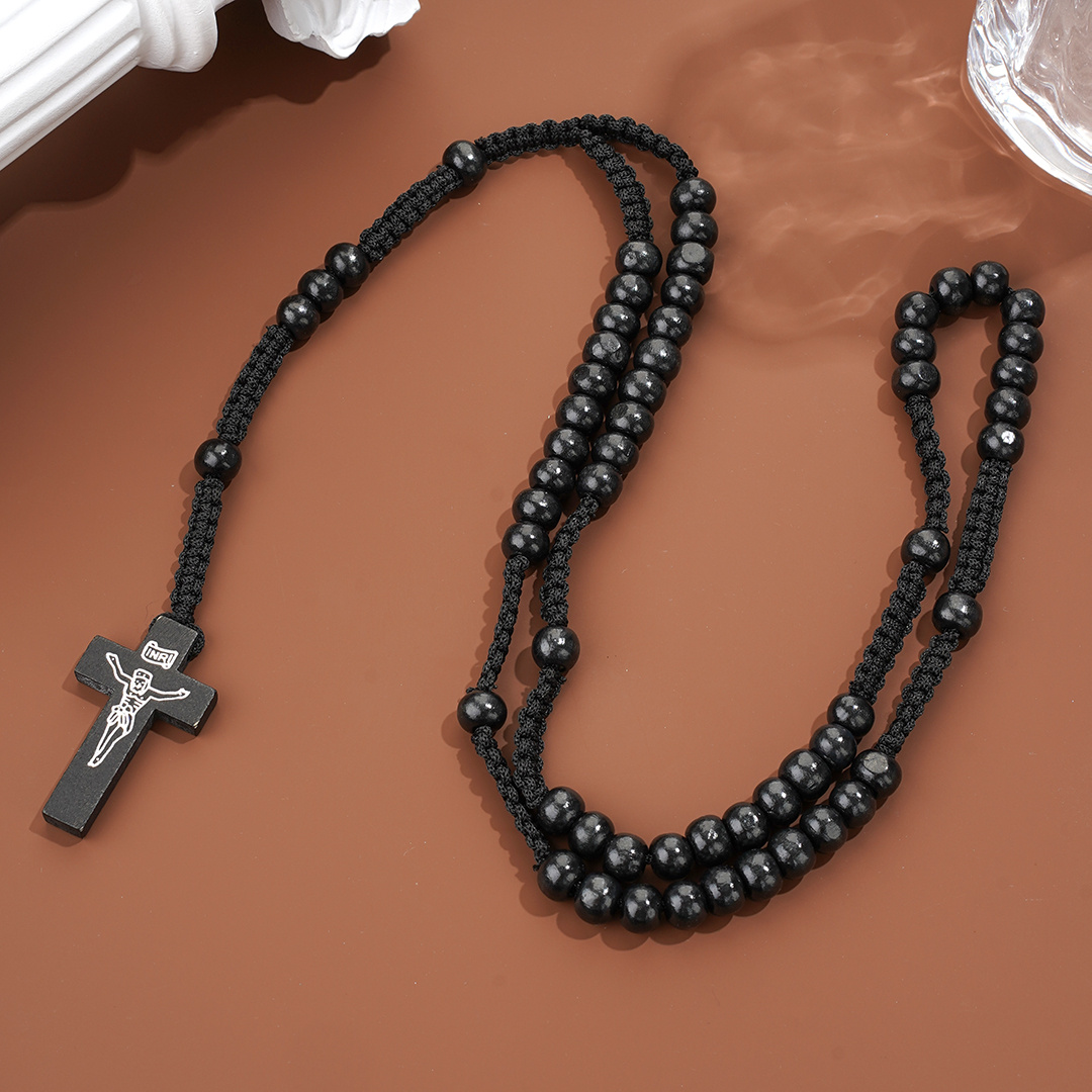 10mm Wooden Bead Prayer Rosary with Jesus Cross Pendant
