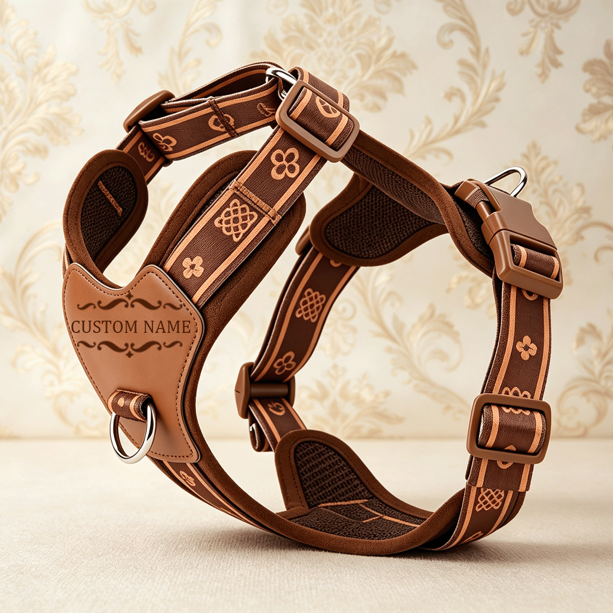 TEMU Vintage Pattern Print Breathable Reflective Dog Harness, Light Luxury Laser-engraved Personalized Name Custom Leash Vest, Adjustable Anti-escape