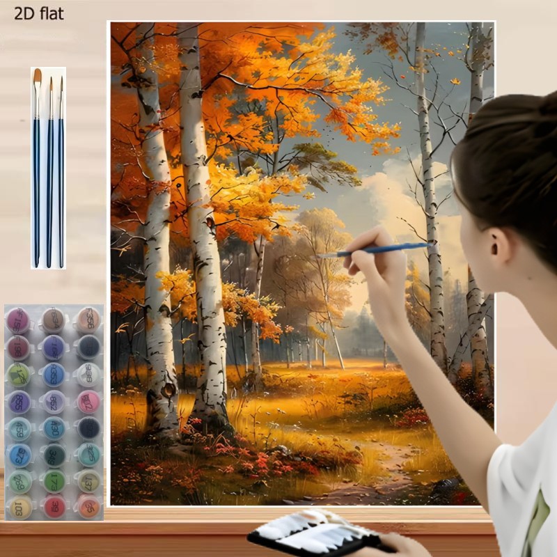 immagine dell'articolo kit per pittura a olio digitale 2d aereo piatto senza cornice da 1   per uso   professionale, kit fai da te per pittura con   per adulti per principianti,   colori acrilici,   su tela, tre pennelli | 40x50cm/16x20 pollici |   autunnale nel   con tronchi di