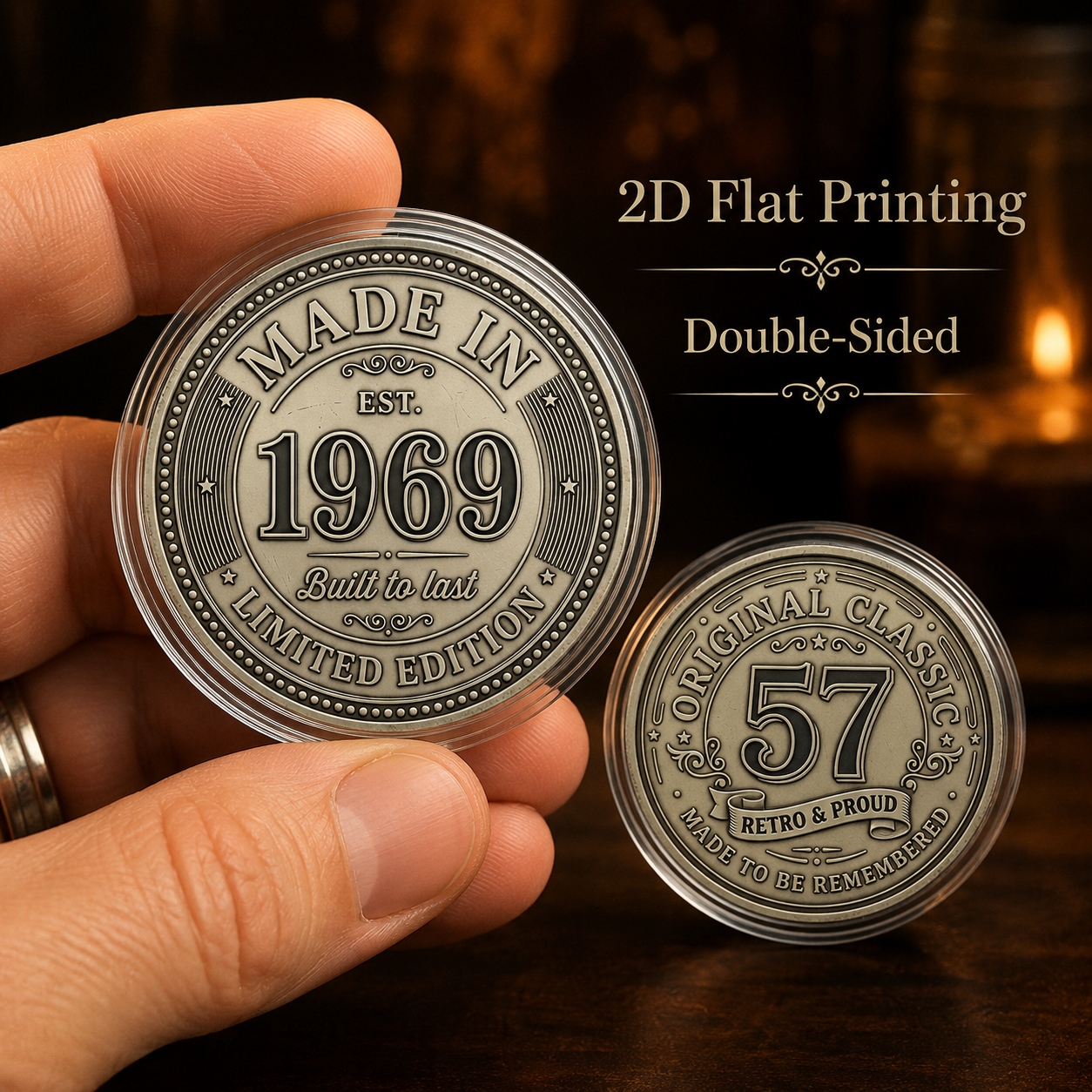 TEMU 1 unidad, Moneda clásica original de 1969, plana en 2D (4 cm/1.57 pulgadas), moneda decorativa de de con estuche protector acrílico, recuerdo de