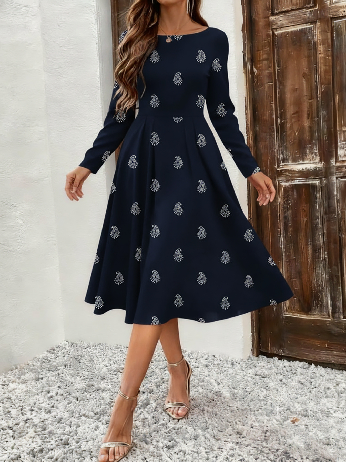 green emerald velvet dress Elegant Floral A-Line Midi Dress for Women – Crew Neck, Long Sleeve, P main image 1