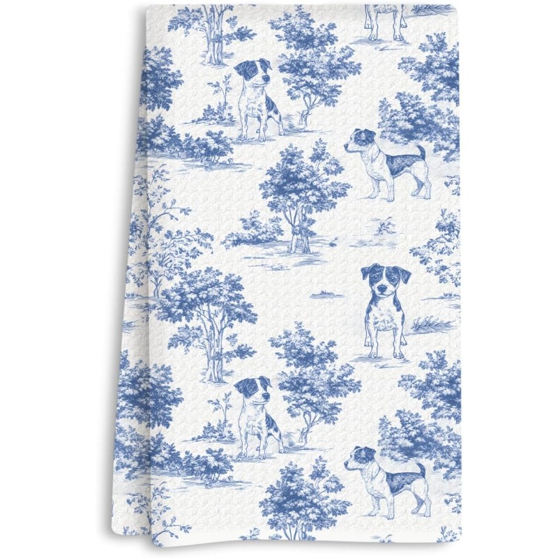 TEMU 1pc 18x26-inch Chinese-style Terrier Kitchen Towel. Terrier Decorative Gift. Suitable As A Gift For Female Dog Owners Or Dog Lovers. Blue And