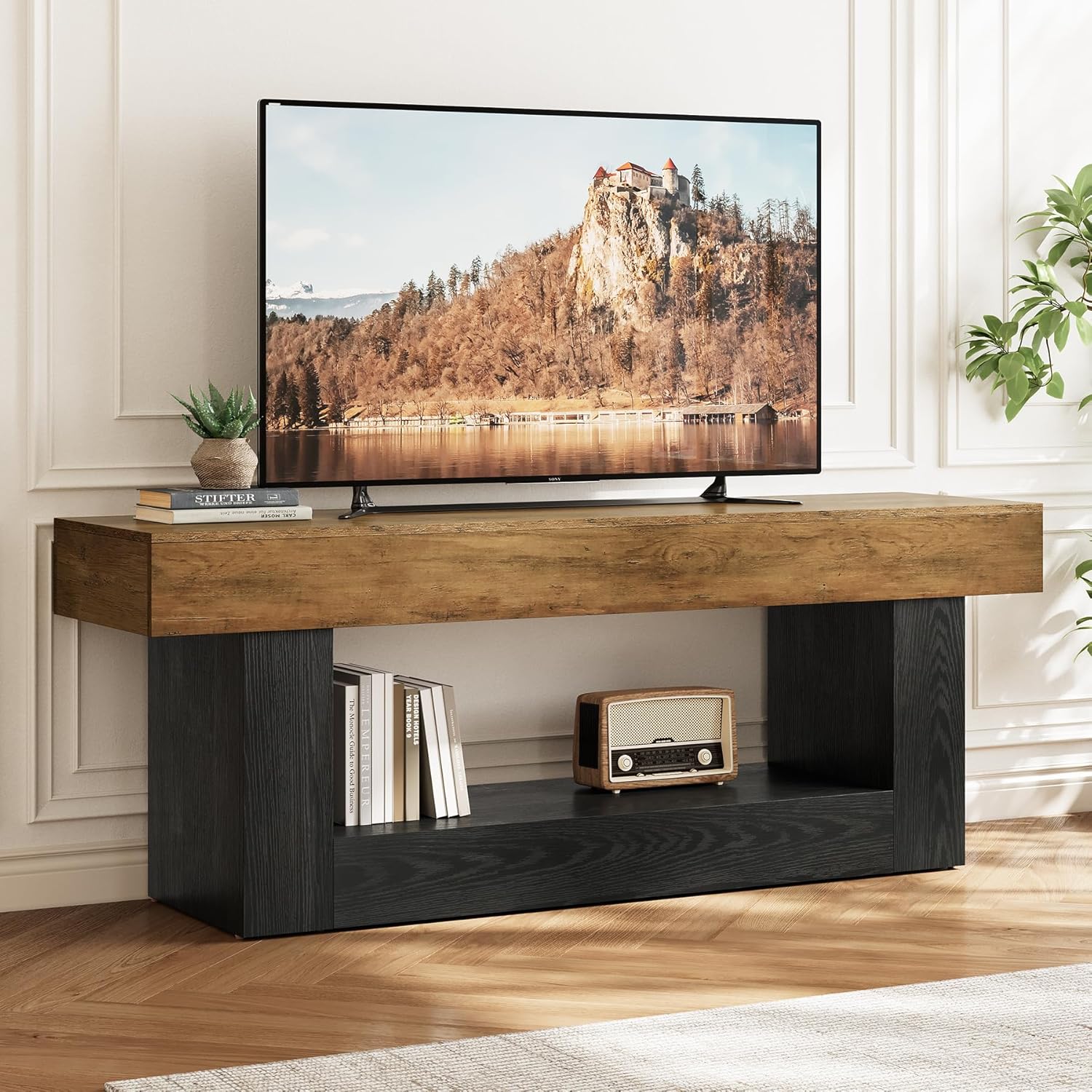 63 Inches Stand For Tvs Up Inches, Modern Television Stand With U-shaped Pedestal And Open Storage Shelves, Sturdy Media Entertainment Center For Living Room, Bedroom, Apartment Small Spaces