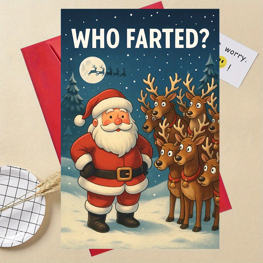 TEMU A Single Perfect Gift For Christmas: A Humorous Card Featuring Santa And Reindeer With A Funny 'who Farted?' Theme, Great For , Colleagues,