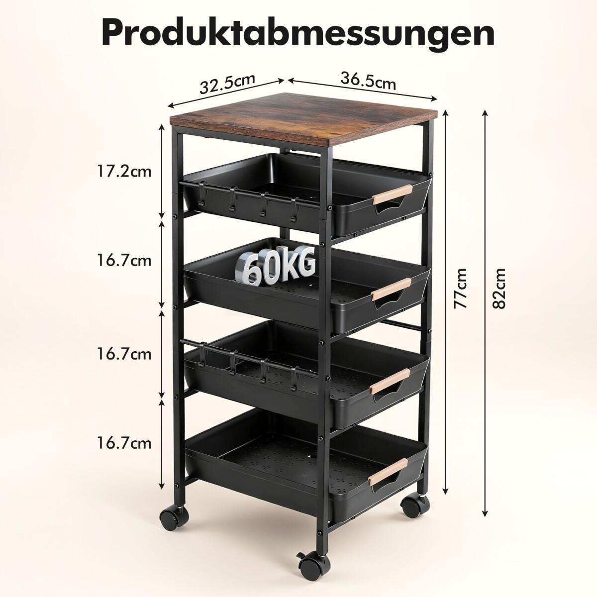 TEMU Chariot de rangement de cuisine à 5 niveaux, étagère polyvalente avec plan de travail en bois, équipée de paniers coulissants et de roulettes ;