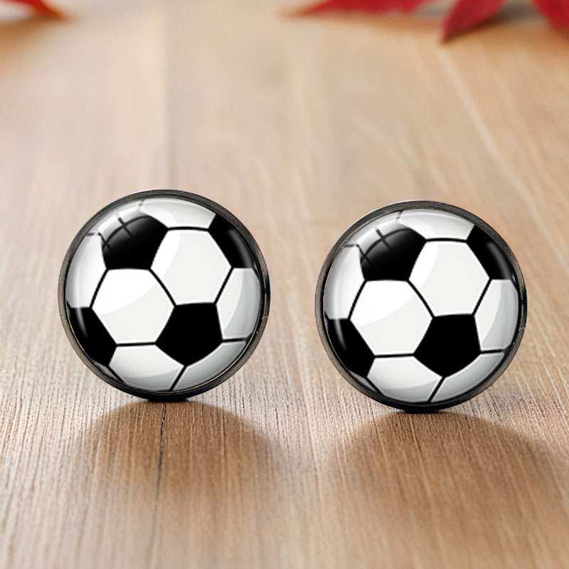 TEMU A Pair Of Round Glass Earrings With A Soccer , Handmade Jewelry, Without Battery