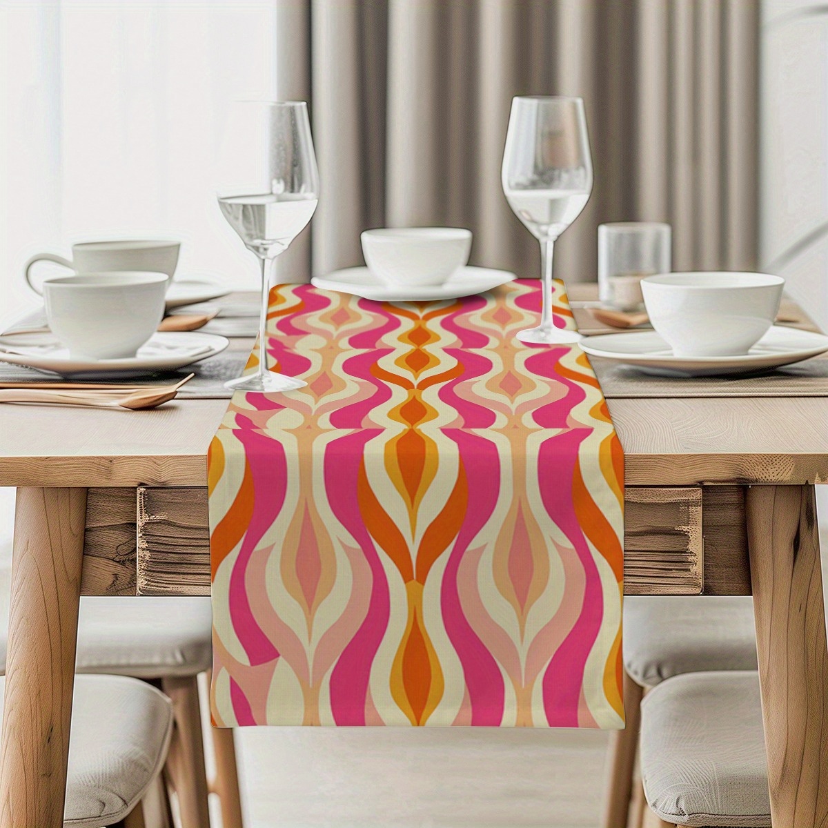 TEMU 1 Stück Retro-Flammen-Blumen-Tischläufer Im Stil Der 70er Jahre - Waschbarer Polyester, Rechteckiger Design Für Die Dekoration Von Küche Und