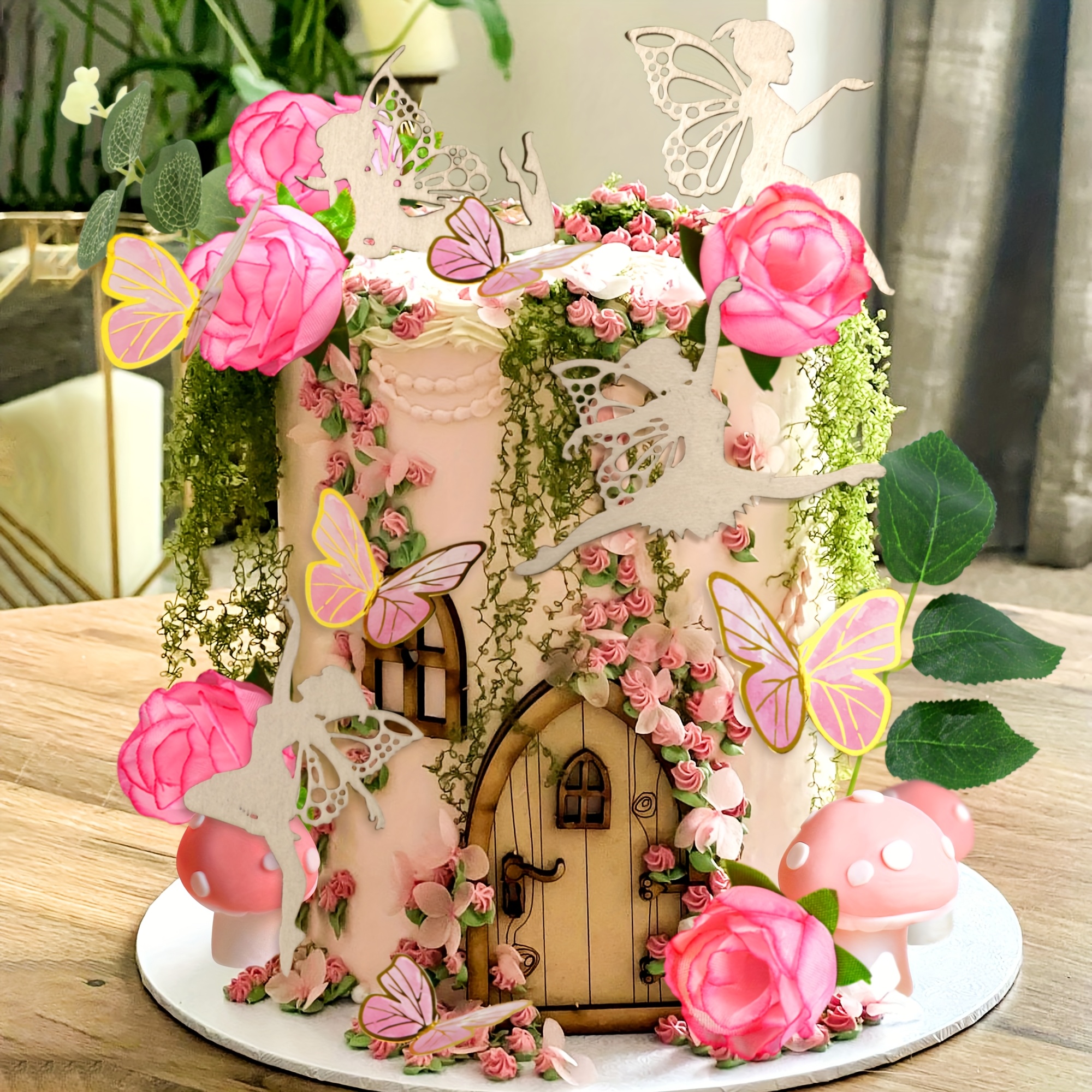 31PCS Fairy Garden Cake Toppers Set - Pink Mushroom House, Butterflies, Fairies For Birthday, Baby Shower Decor - View #4