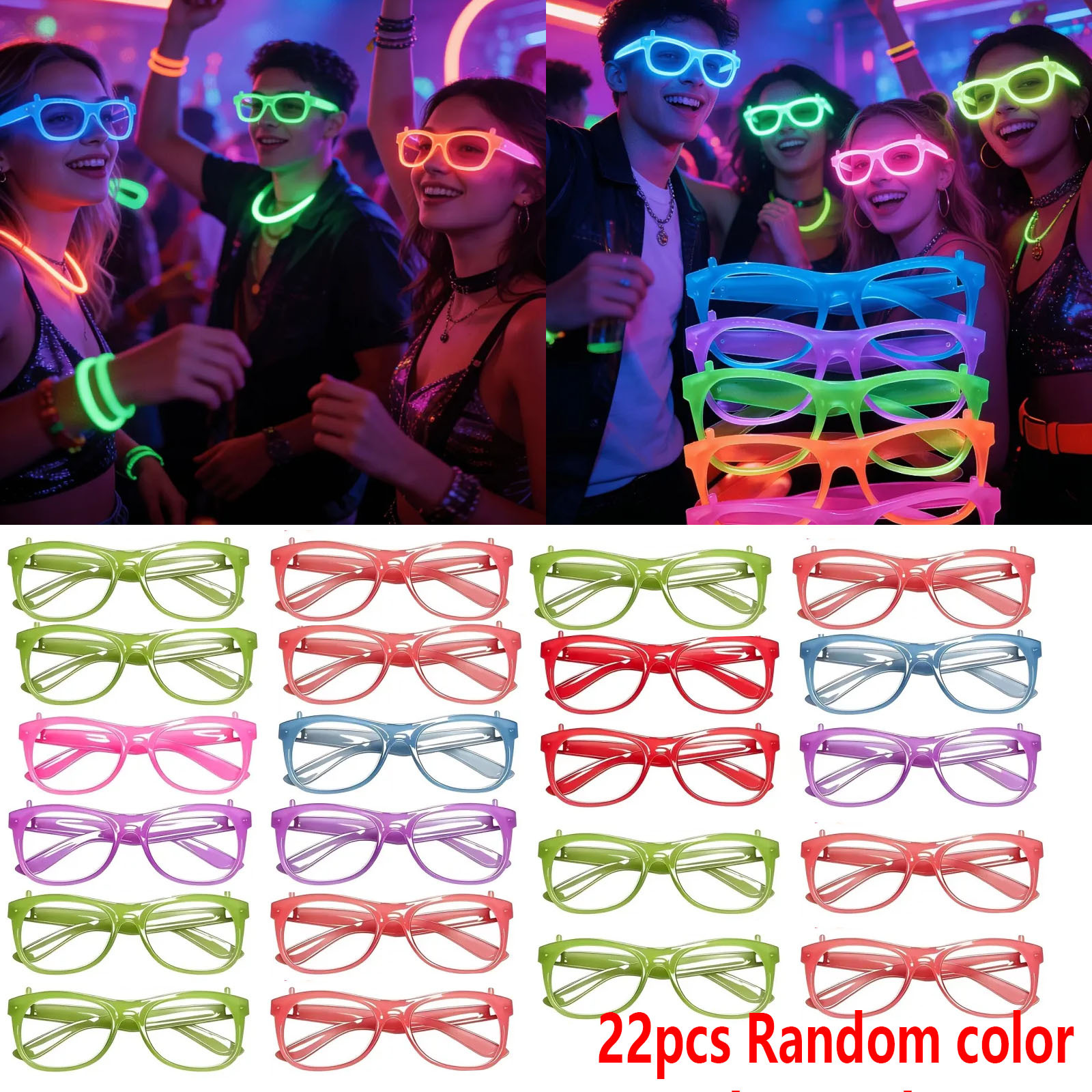 TEMU 22 Pairs Of Lens-less -the-dark Party Glasses, In Random Colors: Neon Green, Purple, Orange, Yellow, And Red. Lightweight And Durable Plastic