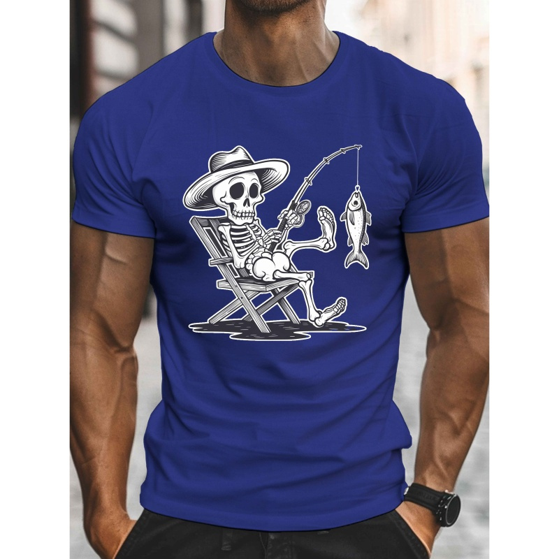 

Men's Casual Skeleton Fishing Print T-shirt - Crew Neck, Short Sleeve, Lightweight & Comfy For Summer