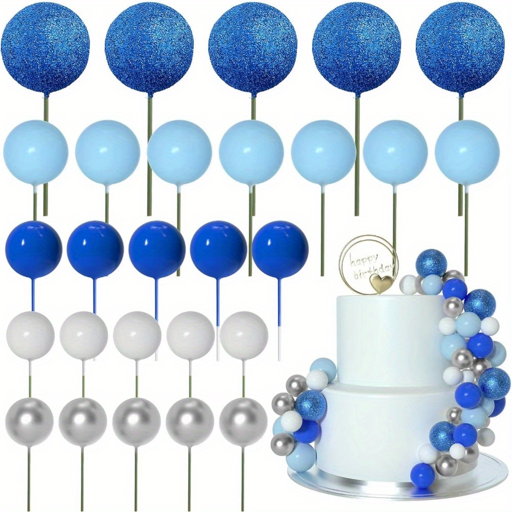 50pcs Colorful Foam Ball Cake Toppers With Sticks - Blue, White, Silver Decorative Picks For Christmas Cake, Holiday Party Supplies, Crafts, Cupcake Toppers, Dessert Table Decoration Mother's Day