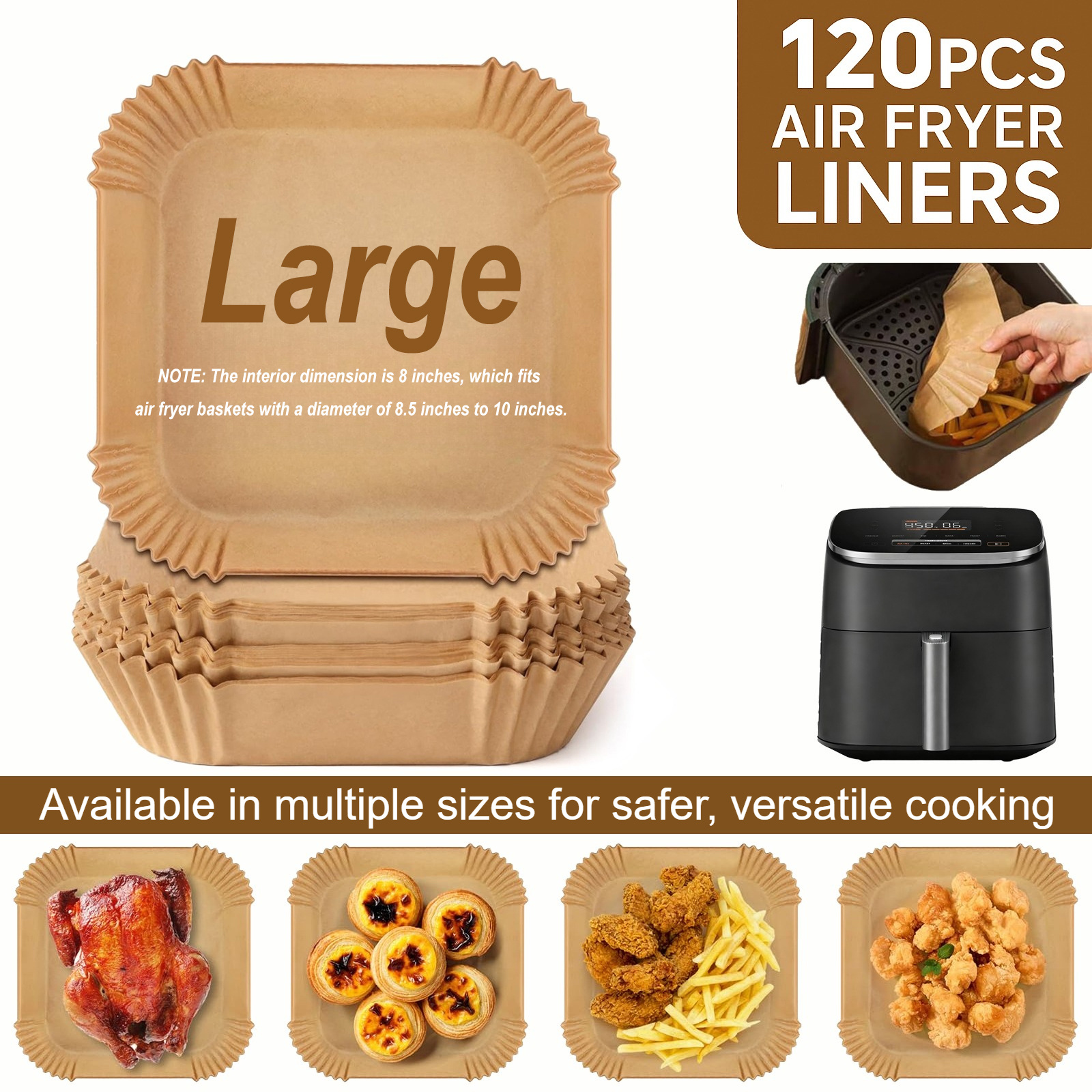 E-shop 120 Stück Airfryer-Einlagen – Große Antihaft- & Ölfeste Backpapierblätter, hitzebeständig (& mikrowellengeeignet) – Vorgeschnitten für Airfryer,