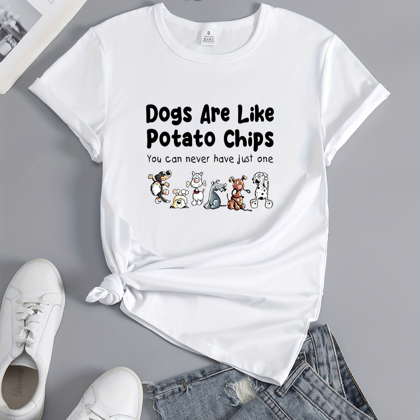 

Dogs Are Like Chips" Humorous Graphic Tee - Soft, Breathable Polyester , Casual Short Sleeve T-shirt With Dog Illustrations, Summer Outdoor Activities & , & Quick Dry