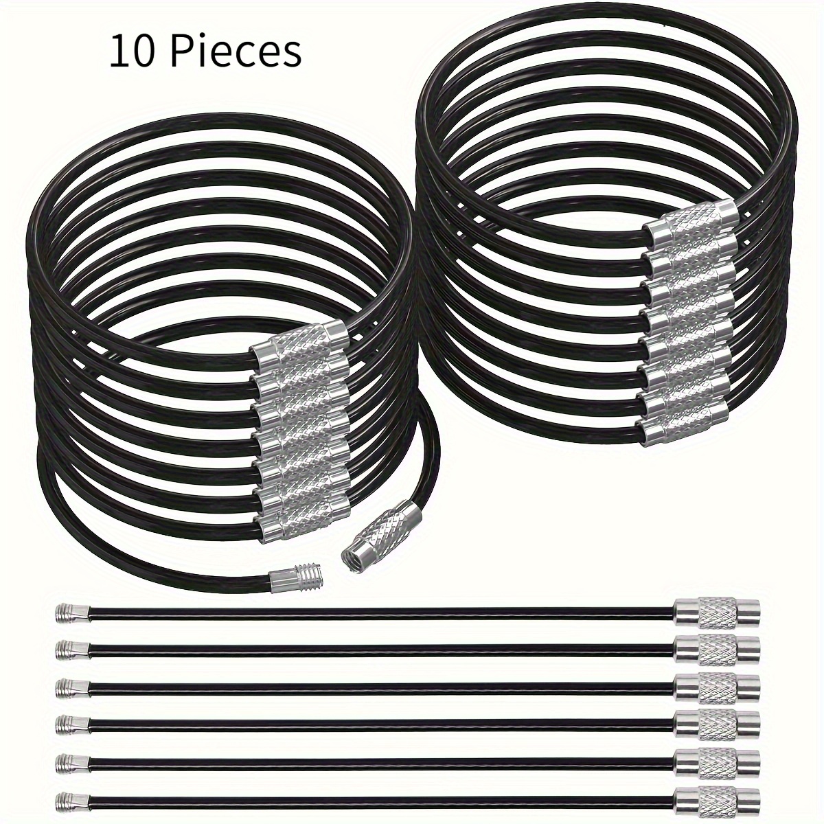Image of 10pcs Stainless Steel Cable Key Rings- Black Coated With Lock, Multi-ring Design Suitable For Car Keys, Outdoor And Daily Use, Multi-functional Key Pendant, Metallic Texture