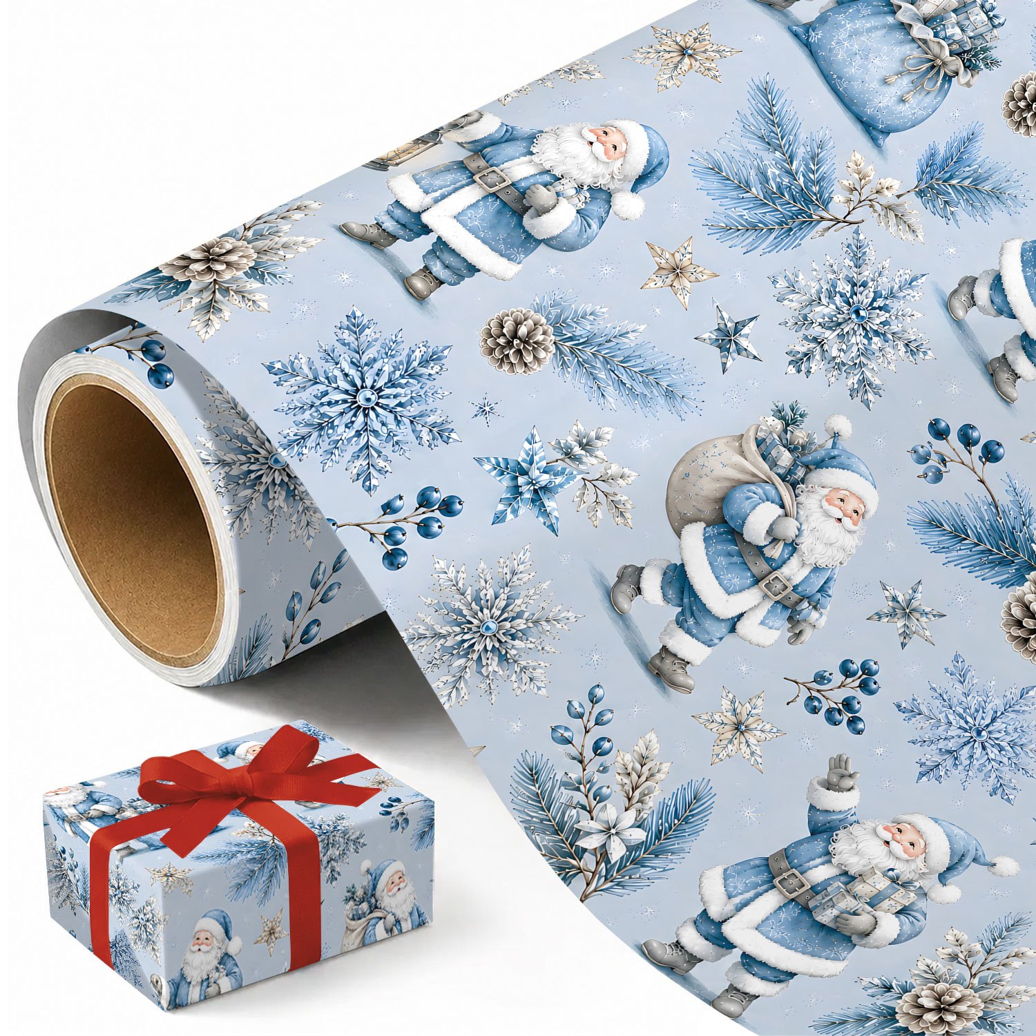 TEMU 1 Roll Blue Christmas Wrapping Paper - Xmas Snowflake Santa Claus Pattern, Designs For Holiday - Measuring 45cm X 300cm (17.7in X 118in)