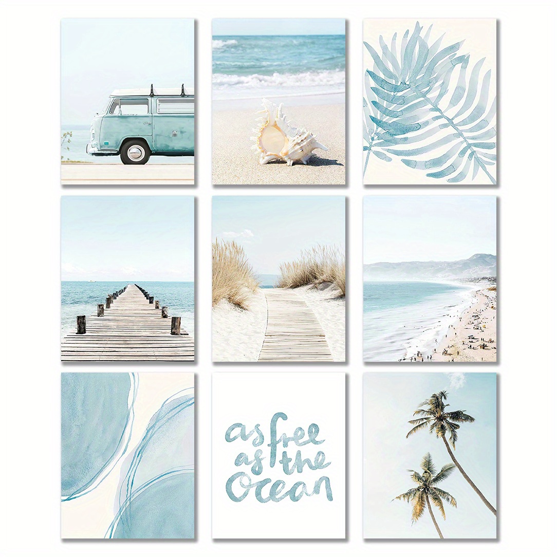 

Room Decor 9pcs Blue Theme Set, Seaside Scenery, Beach , And Palm Tree Posters, 8x10 Inches, Paper Material, For Classroom And Home Decor