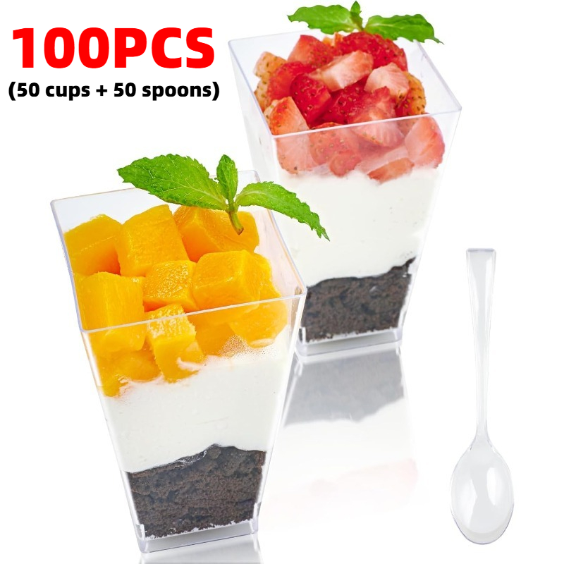 TEMU 100 Stück (50 Tassen und 50 Löffel), 5 Oz Mini Dessertbecher Großpackung, Klare Plastik Probierbecher mit Löffeln