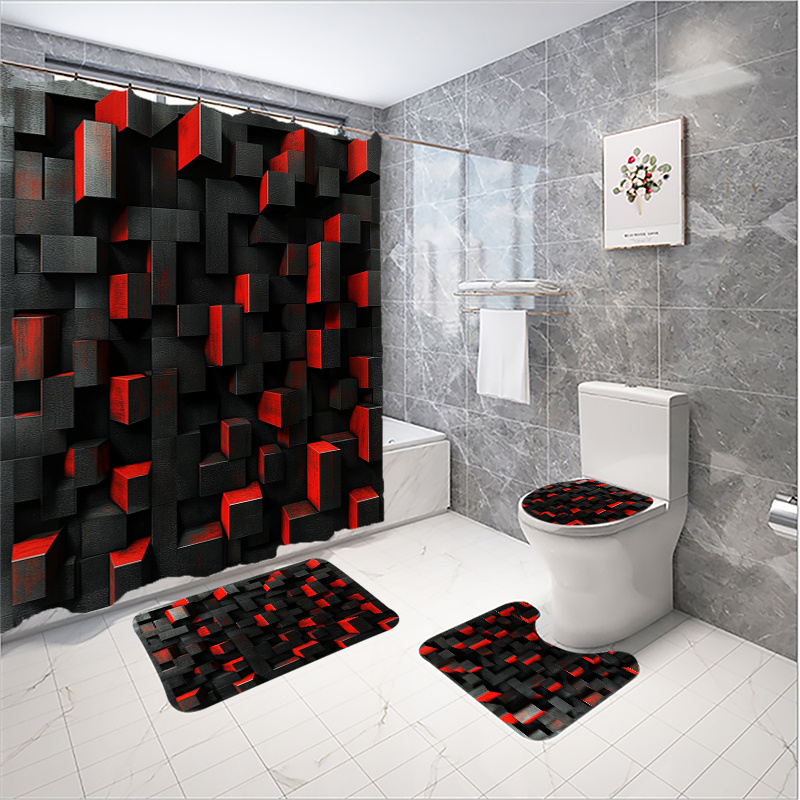 

1/3/4pcs Modern Geometric 3d Wooden Cube Shower Curtain Set, Water-resistant Polyester Bathroom Decor With Non-slip Rugs, U-mat, Toilet Lid Cover, Includes 12 Hooks, 180x180cm, , Christmas, New Year