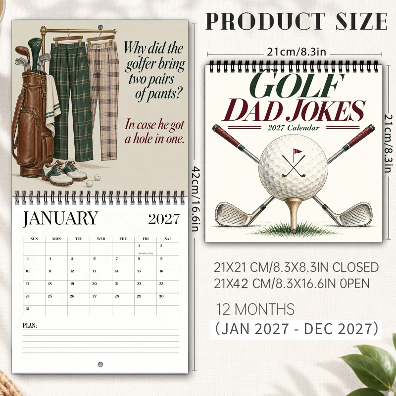 TEMU Golf For Dad Jokes 2027 Wall Calendar Crossed Golf Clubs Ball On A Tee And Vintage Sports Humor 12-month Planner Thick Paper And Marked Holidays