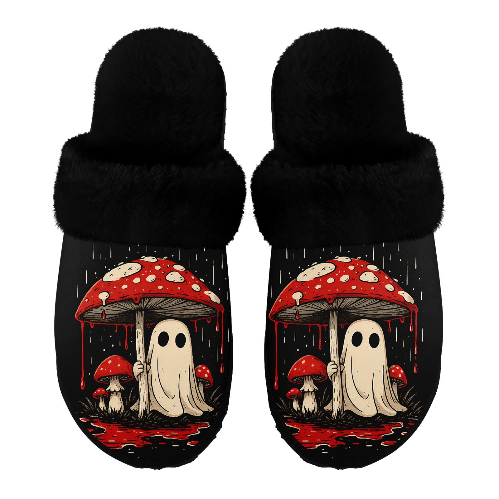 herren & übergrößen hausschuhe mit pilz- rotpilz-print – warm gefütterte gemütliche winterschuhe für drinnen, weiche sohle zum hineinschlüpfen für zuhause (schwarz) – passende paar-hausschuhe für männer & frauen