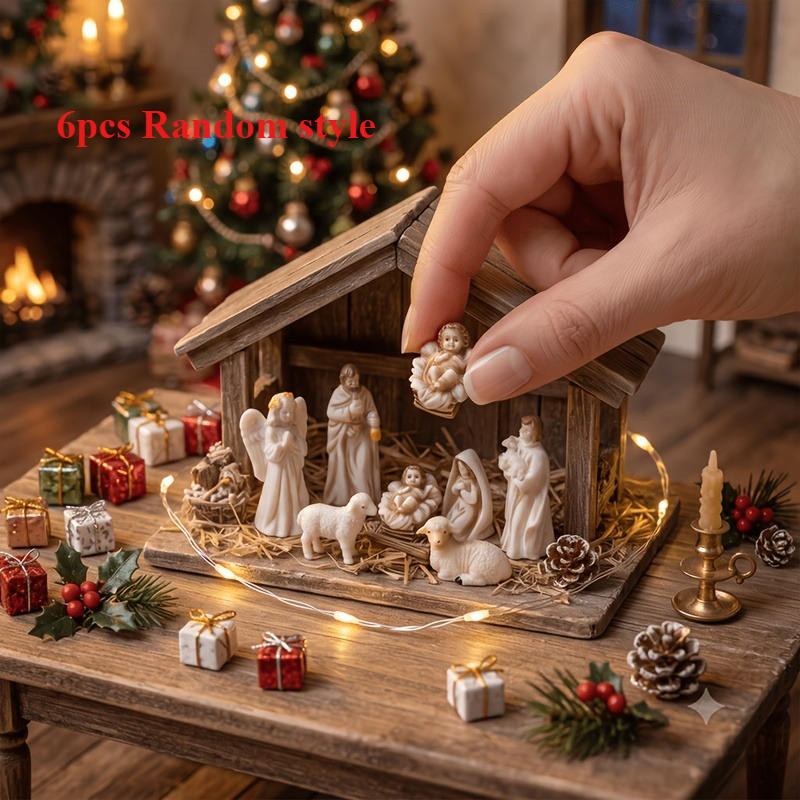 TEMU 6pcs Set With Random Styles, Collectible Miniature Christmas , Including Holy Family Figurines: Joseph And - Made Of Durable Pvc And Resin,
