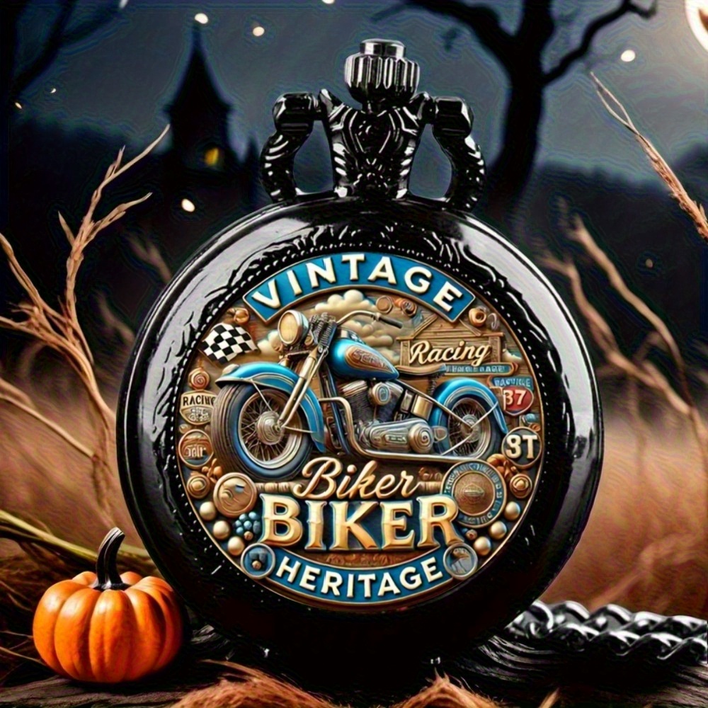 TEMU 1pc Biker-themed Vintage Motorcycle Pocket Watch - Engraved Biker Design, Quartz Movement Pointer - Motorcycle Enthusiast Accessory, Biker Gift