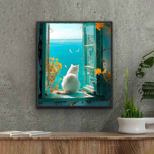 öğe resmi 5d diy elmas boyama seti, deniz manzaralı pencere kenarındaki kedi, yuvarlak matkap akrilik 30cmx40cm/11.8inx15.7in, çerçevesiz sanat ev duvar dekoru, , arkadaşlar, doğum günü, tatil, yıldönümü için hediye