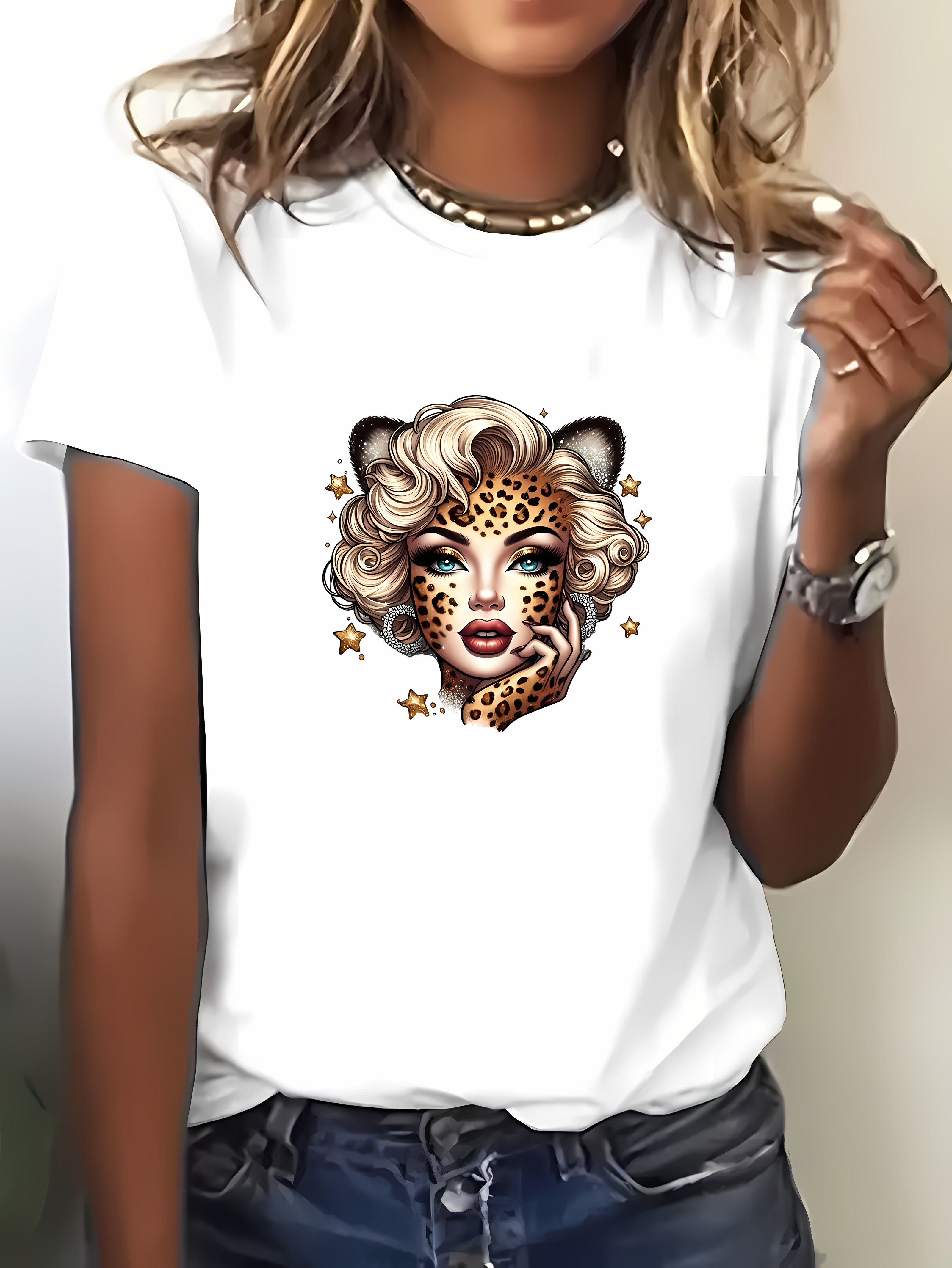 Women's Leopard Print Short Sleeve T-Shirt - Loose Fit Round Neck Casual Summer Top, Small