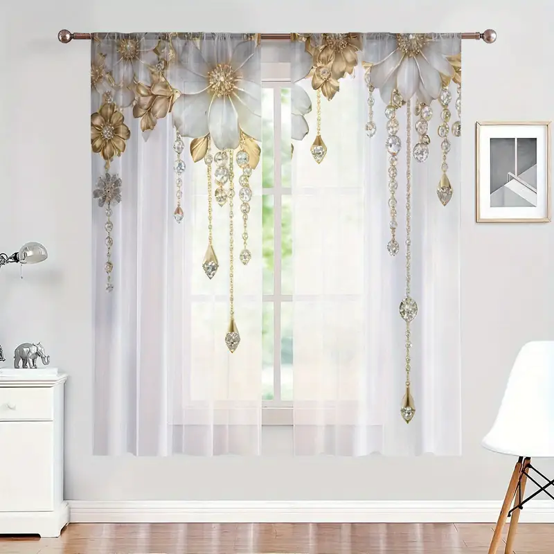 2er set elegante goldene weiße florale vorhänge dekoration