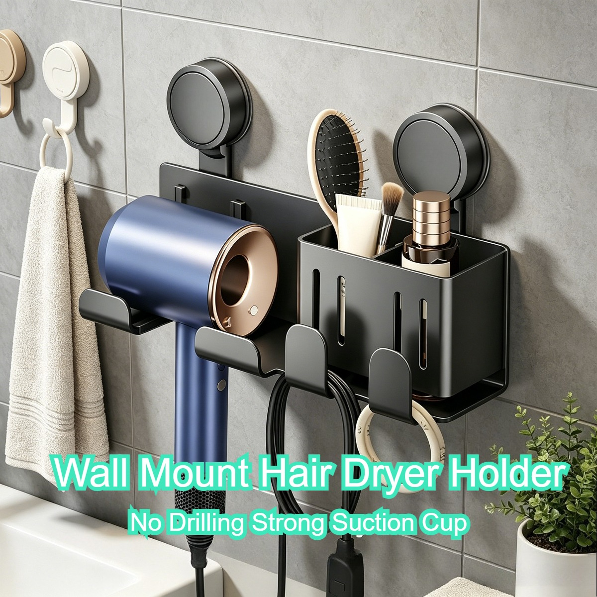 No Drill Self-adhesive Wall Mounted Hair Dryer Holder, Space- Bathroom Storage Organiser, Multipurpose Rack For Hair Dryer, Combs, Brushes And Hair Styling Tools, Shelves