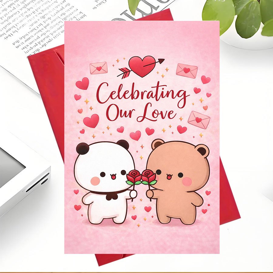 TEMU 1 Grußkarte + 1 Umschlag – Niedliche Liebesfeier-Grußkarte mit Panda Bär mit Rosen – für Paare, Jahrestage, Valentinstag oder romantische