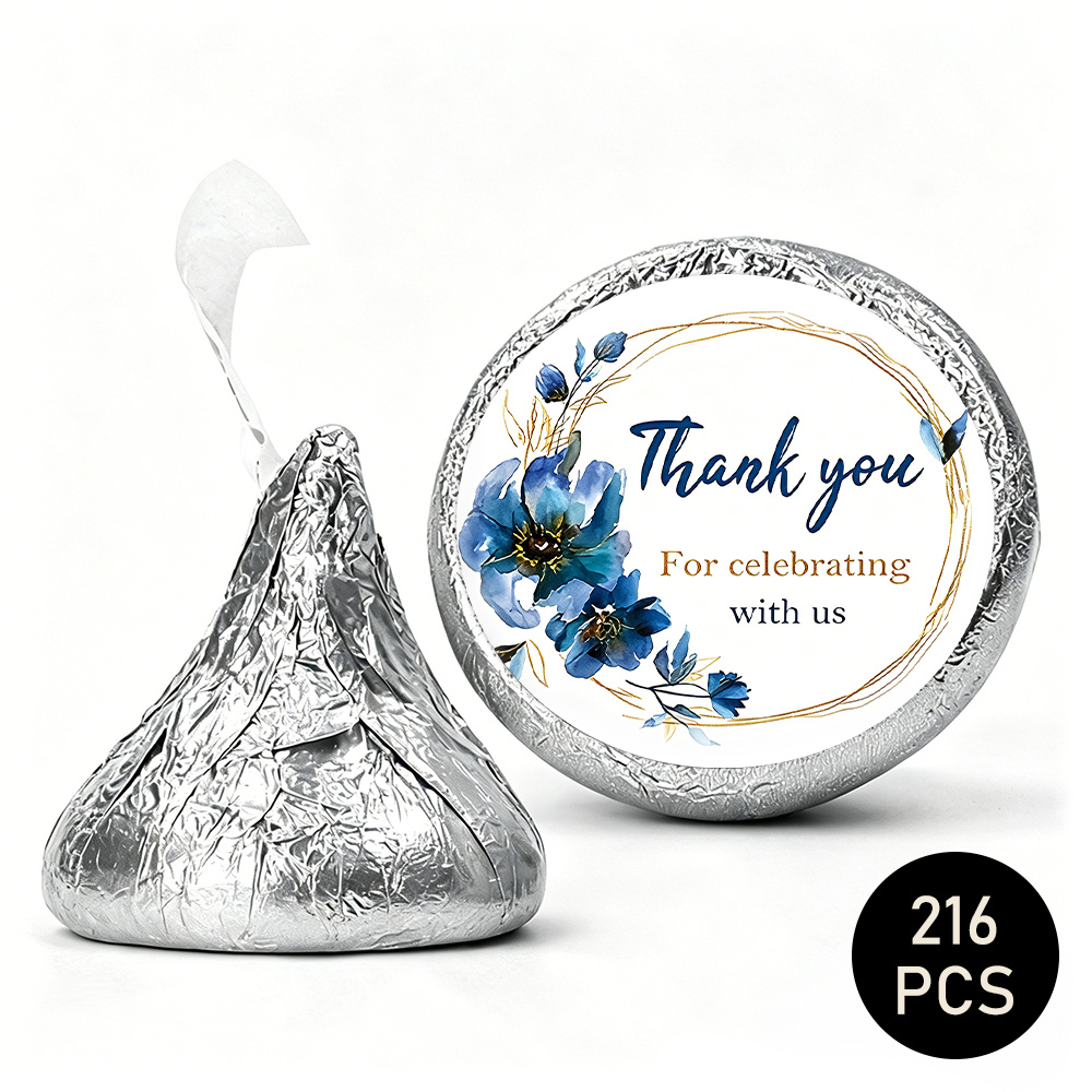 TEMU 216 stuks Elegante Blauwe Bloemen Ronde Bedankstickers, Snoepetiketten voor Chocolaatjes, Bedankfeest, Bruiloft, Vrijgezellenfeest Bedankjes,