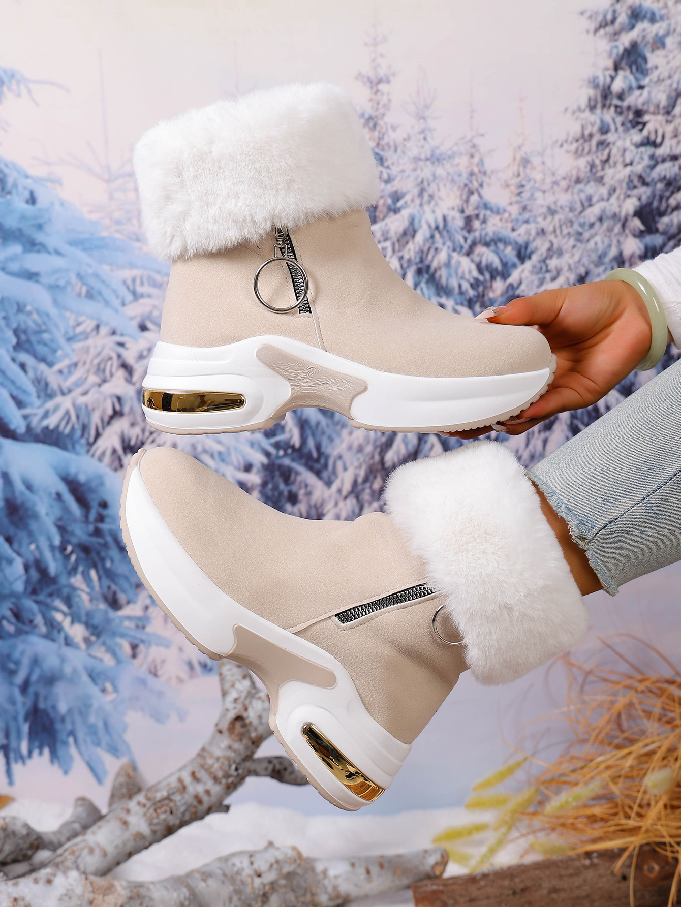 Winter Fleece-Lined Warm Wedge Snow Boots | Women 2025 New Large Size 43 Thick Sole Furry Snow Boots with Fabric Upper and Insole, EVA Sole