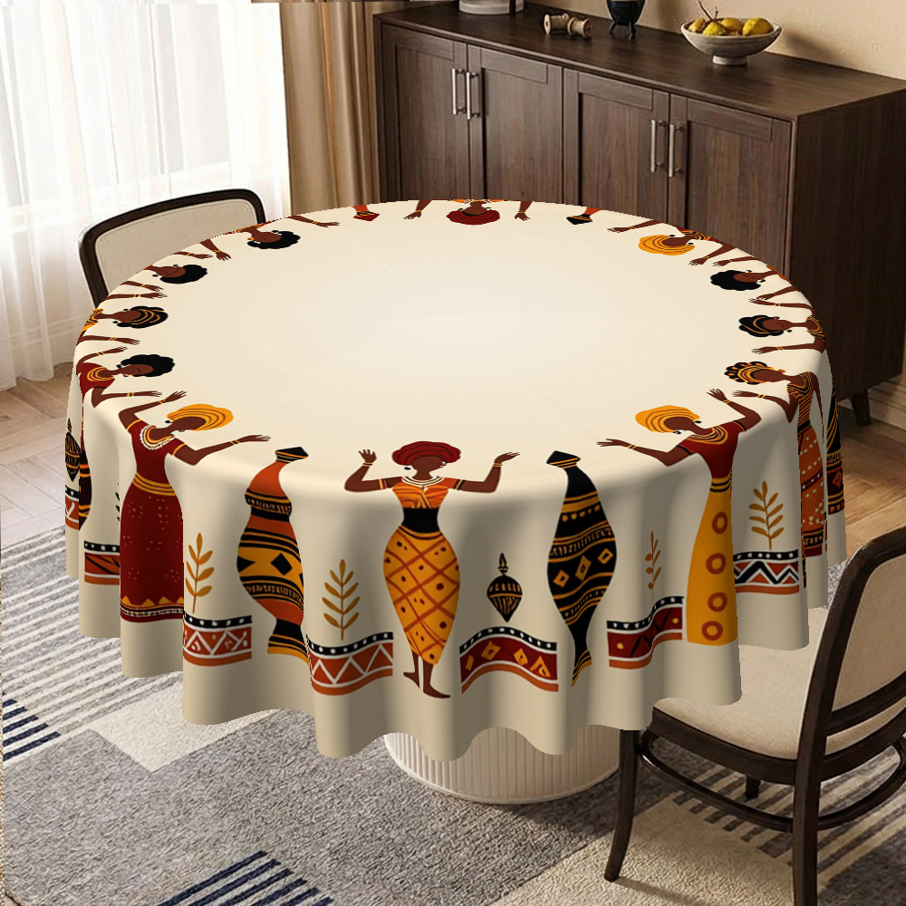 TEMU Nappe plate 2D, 1 pièce, nappe ronde, motif sur le thème africain avec femmes dansantes et vases, design aux , convient pour , les fêtes, les -,