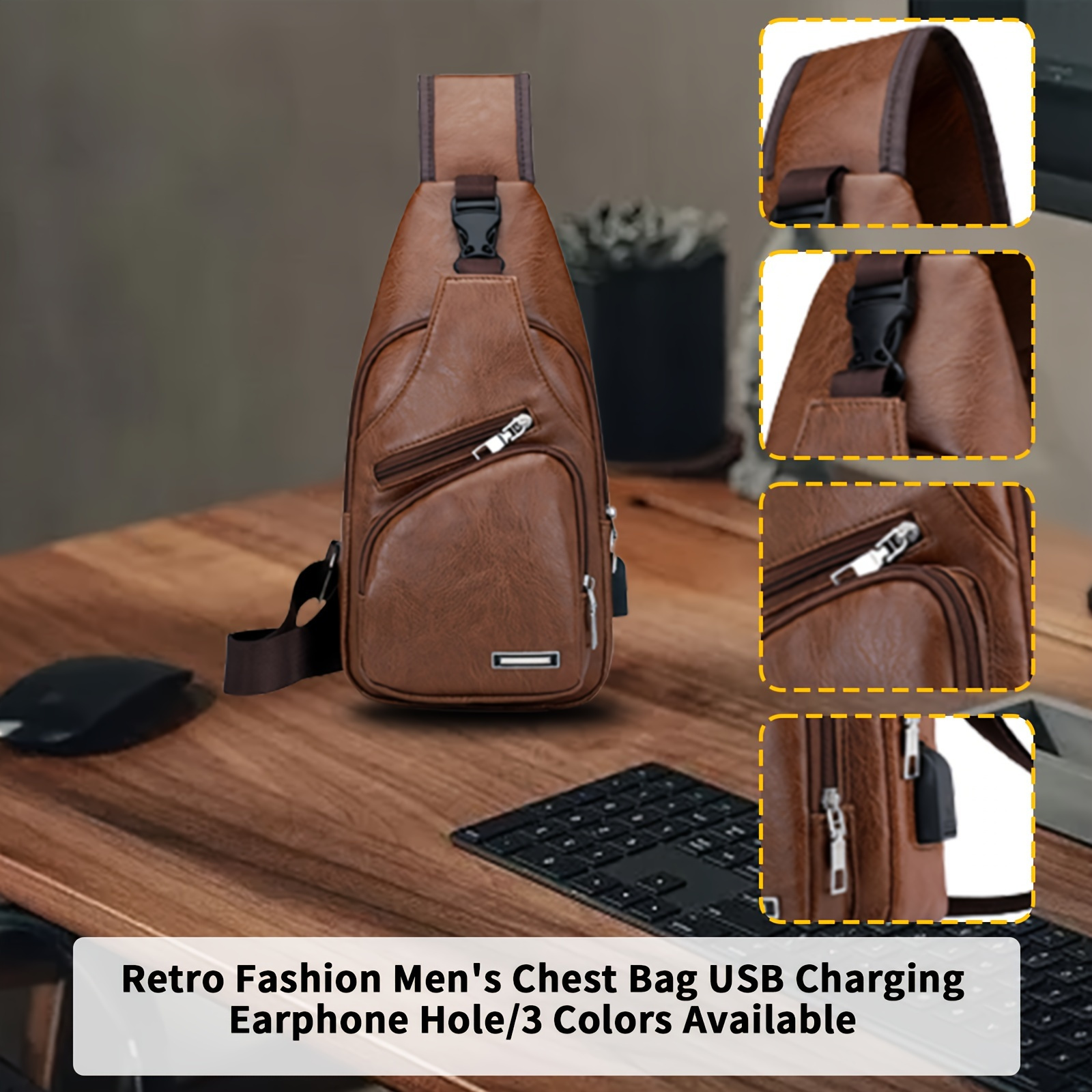 Outdoor Sport PU Chest Bag Crossbody Bag, Men's And Women's Crossbody Bag with Headphone Hole, Lightweight, Fade-resistant, Multi-layer Design, Adjustable Shoulder Strap, Zipper Closure, Polyester Lining, Suitable for Outdoor Travel, Hiking, Camping