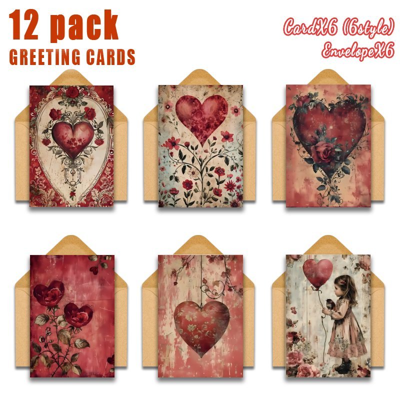 Image of 12/24 Vintage Floral Heart-shaped Valentine's Day Cards With Envelopes - , Perfect For Wives, Husbands, Girlfriends, And