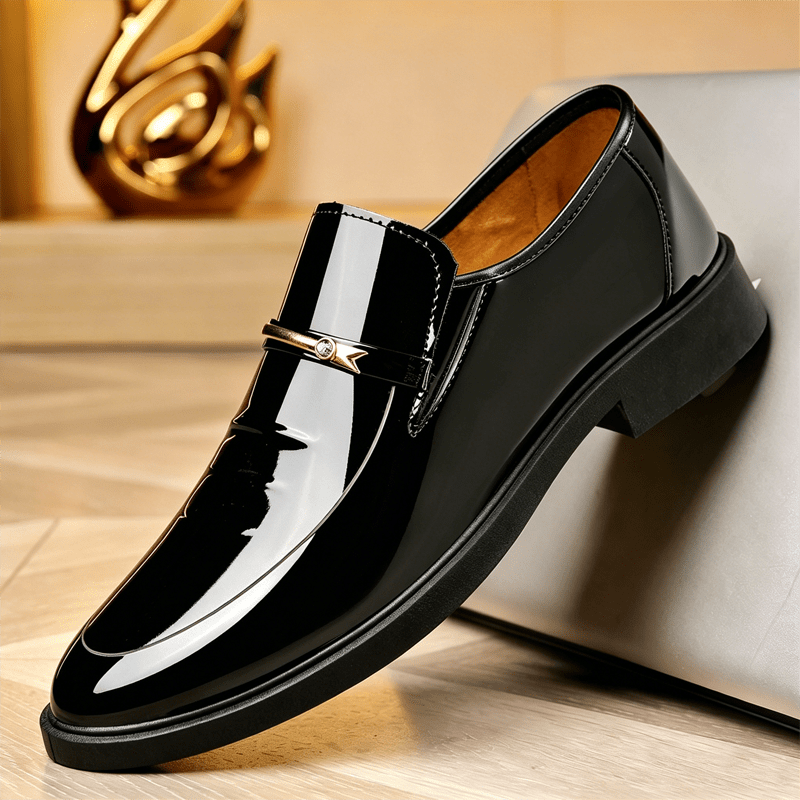 TEMU Loeikan Men' Metal Buckle Business Casual Shoes, Slip-on Design, Easy And Stylish, Mirror Texture With Advanced , Exquisite Metal Buckle