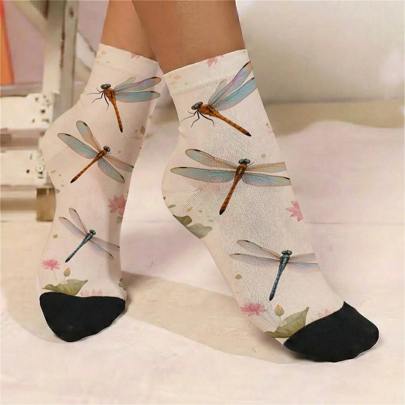 TEMU 1 Pair Of Women's Thin Ankle Socks With An Elegant Dragonfly And For Lotus Floral Print Pattern. New, Fashionable, And Versatile For Casual And