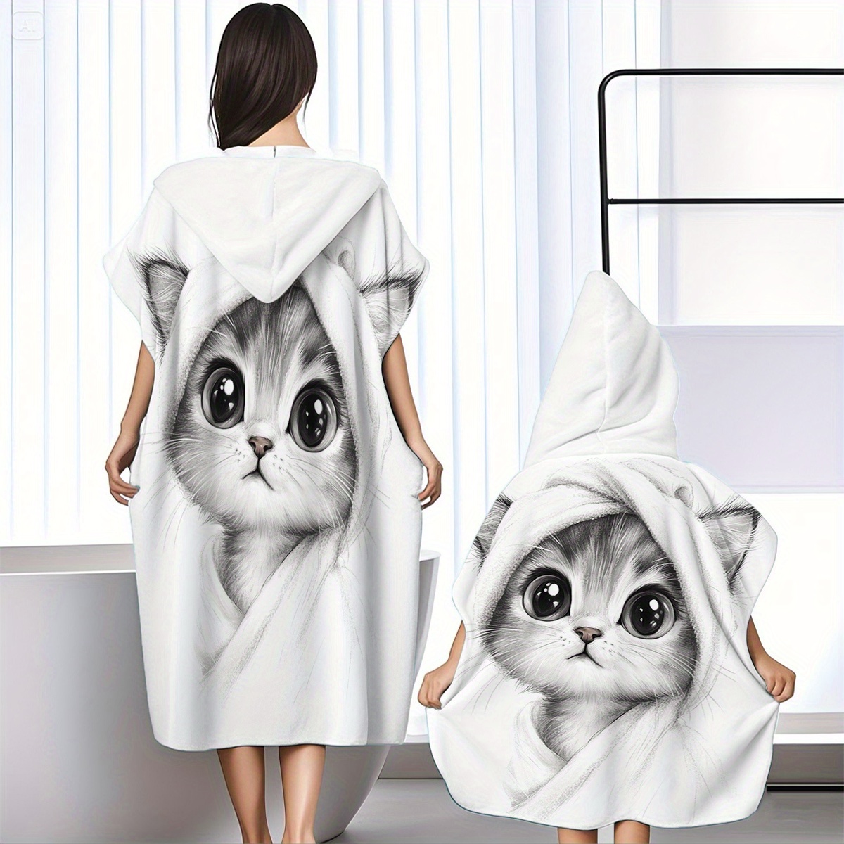 TEMU 귀여운 고양이 패턴이 있는 멀티 사이즈 초극세사 후드 비치 타월. 매우 부드럽고 편안하며, 빠른 건조, 피부 친화적이며, 해변 및 수영장에 적합하며, 목욕 가운으로 착용할 수 있으며 완벽한 선물입니다.