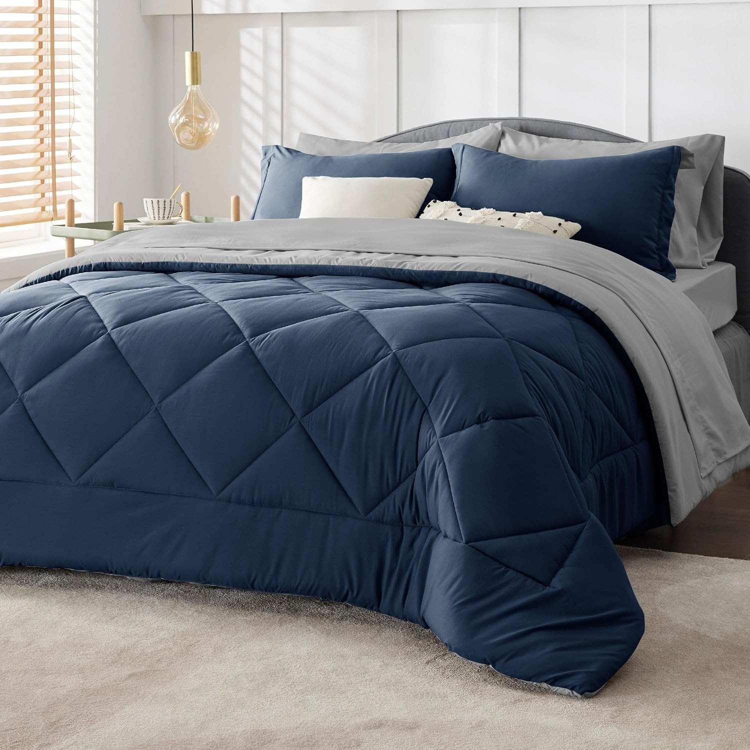 

Bedsure Navy Californiacomforter Set 6pcs/ 7pcs- 7 Pieces Reversible Bed Set, Bed In A Bag Cal King With Comforters, Sheets, Pillowcases & Shams