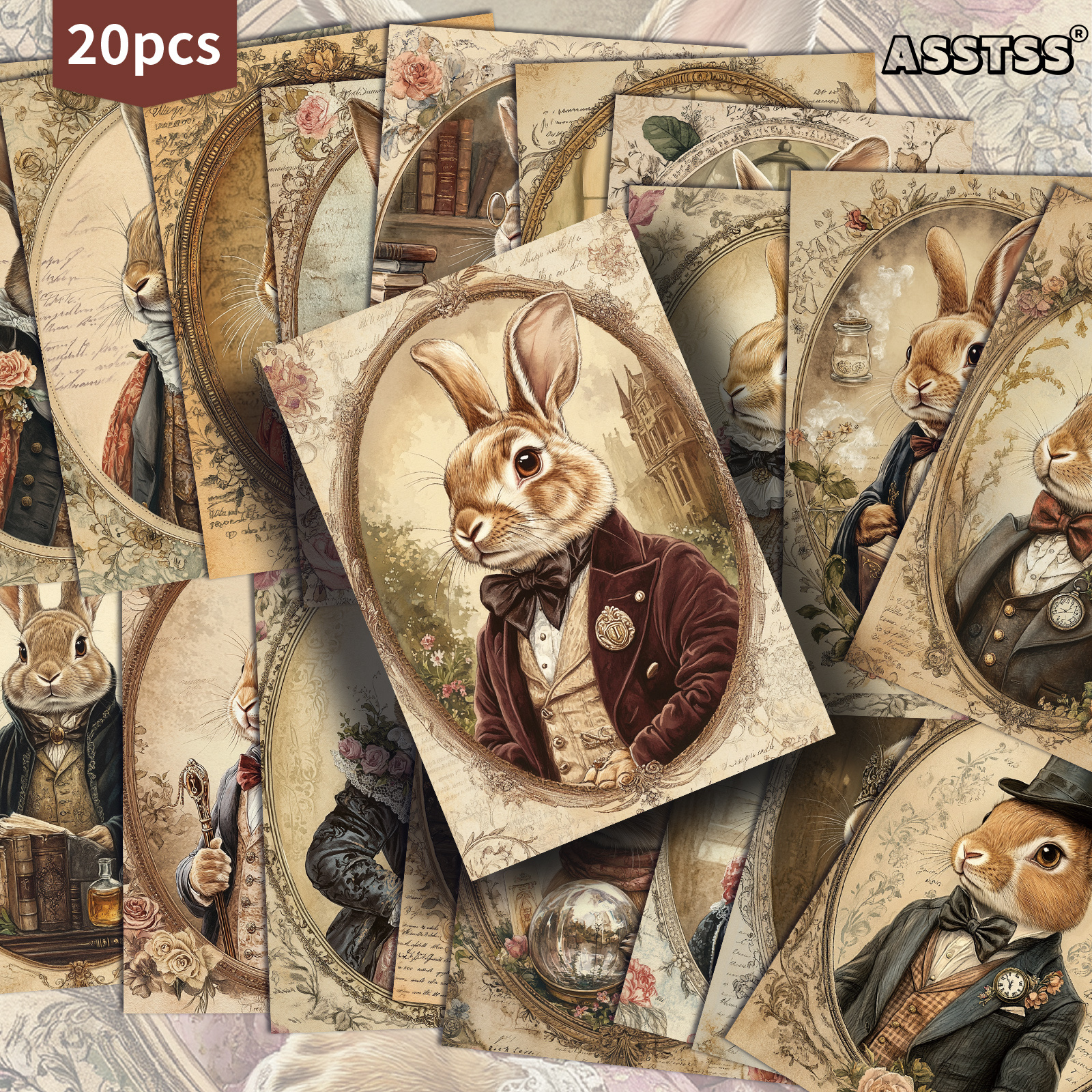 TEMU Set van 20 diverse konijnenportretten in vintage-stijl, perfect voor elegante cadeaukaarten. kaart 4x6 inch en bevat klassieke illustraties,
