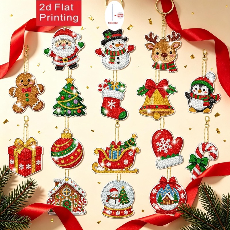 TEMU 2d/flat 16pcs Christmas Diamond Painting Ornaments, Handmade Kit | Christmas Diamond Painting Keychain Set, Hanging Decorations, Suitable For