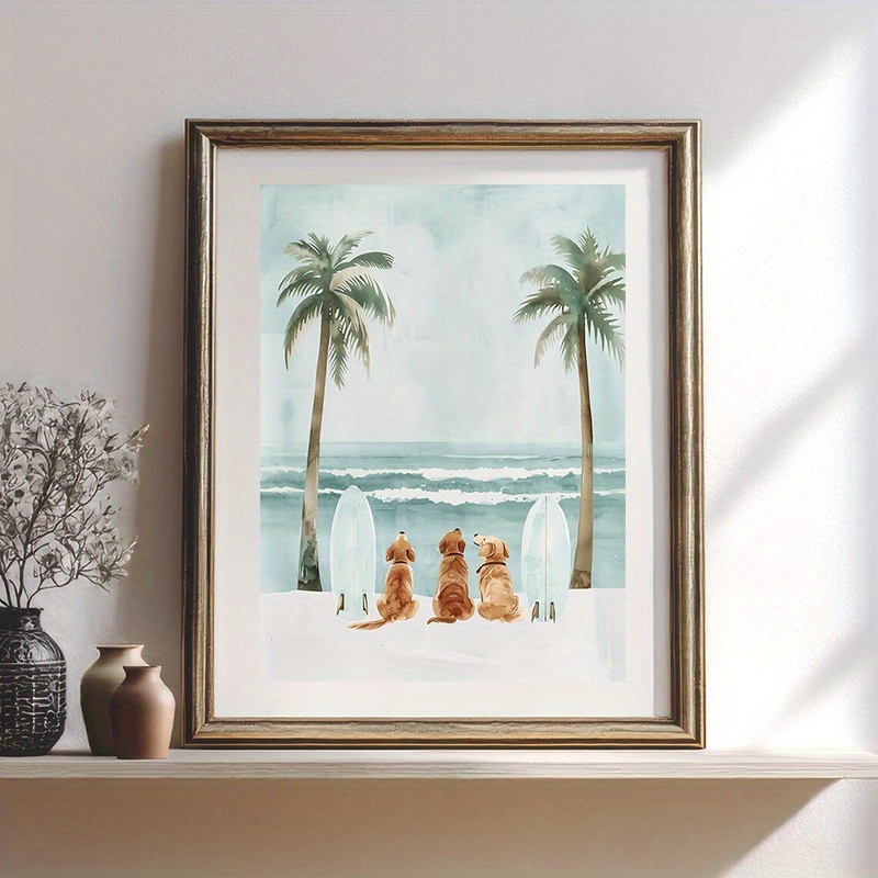TEMU 2d Flat, 1pc Frameless Surfing Dog Watercolor Poster - Pastel Suitable For Wall Decor, Modern Coastal Beach Art With Surfing Puppies, Colorful